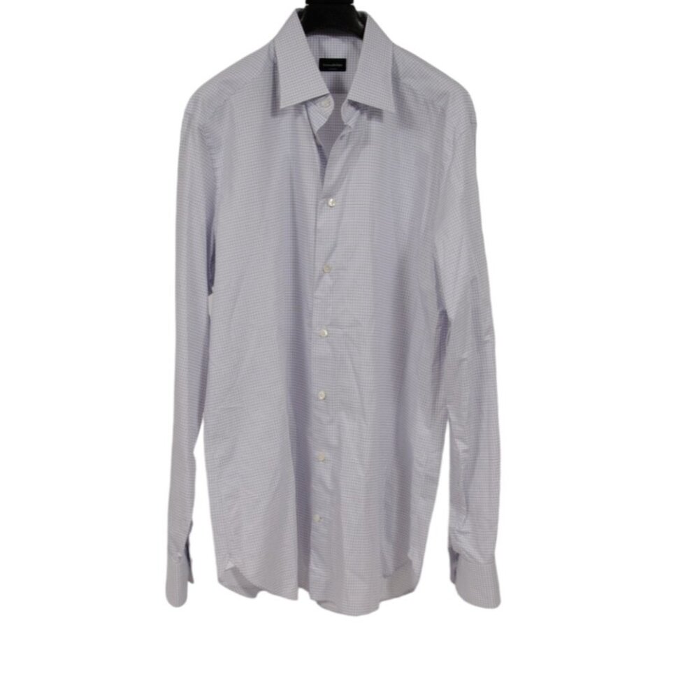Ermenegildo Zegna Button Down Shirt Medium White Grey Tailored Fit Gingham
